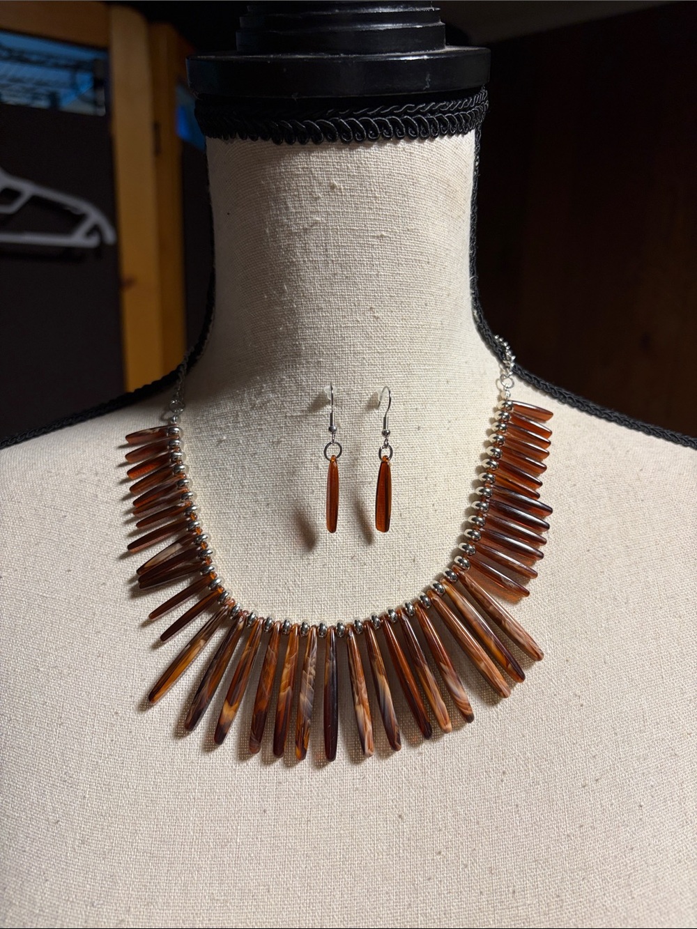 Boho Necklace and Earring Set Amber Silver Handmade